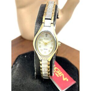Elgin Women's Watch EG8076 Silver Tone Dial Two Tone Stainless Steel Petite Oval